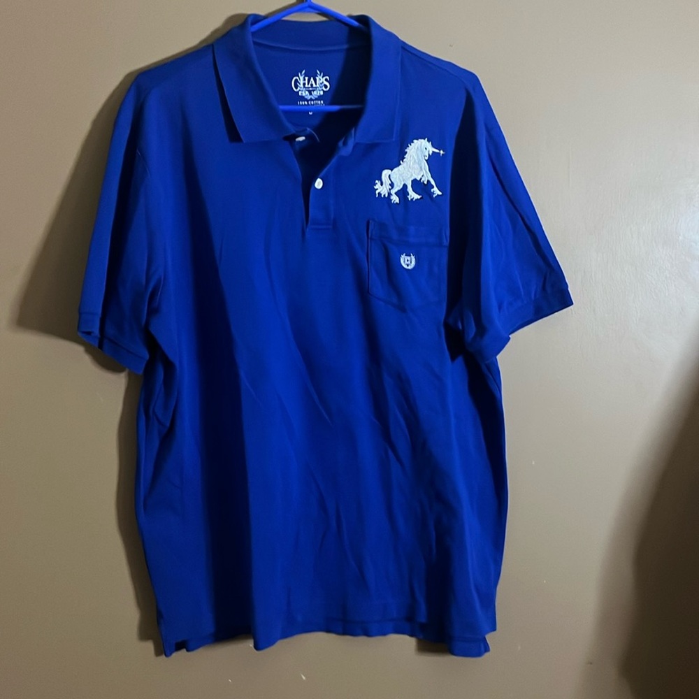 😄Chaps blue golf polo unicorn crest   B6